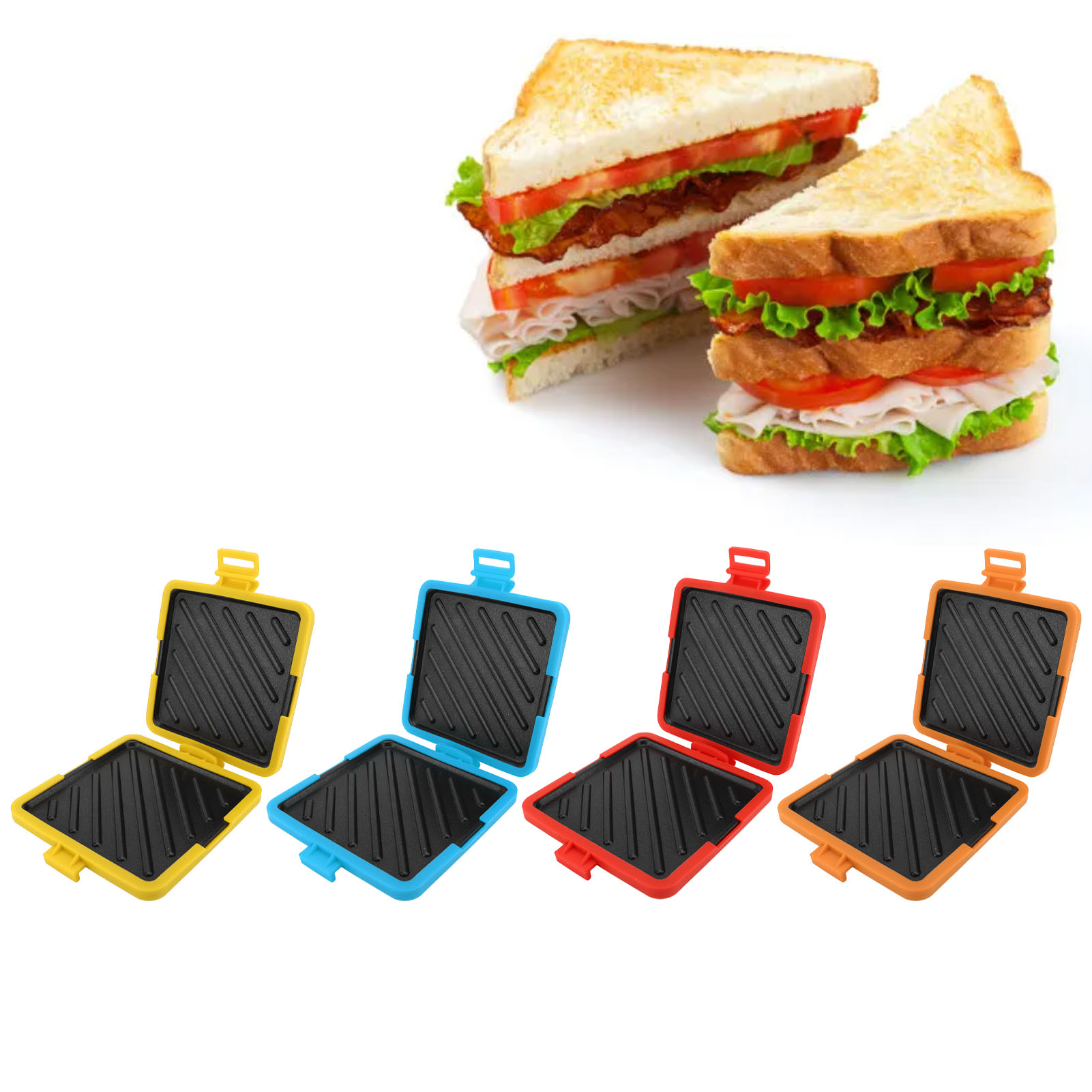 Sandwich Press Panini - เครื่องทำขนมปังปิ้งในไมโครเวฟ เครื่องทำแซนวิชขนมปังปิ้งในไมโครเวฟ เครื่องปิ้งขนมปังแบบไมโครเวฟพร้อมสายรัดซิลิโคนปรับได้ ไม่ใช้ไฟฟ้า ไร้สาย